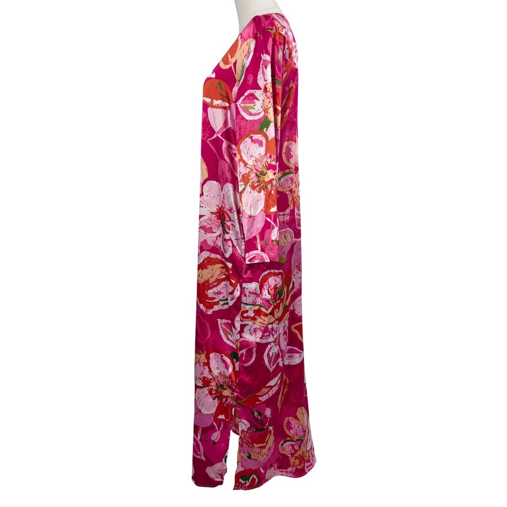 Natori Pink Floral Maxi Caftan Silky Dress Resort Tropical Lounge Cruise Boho - Picture 4 of 8
